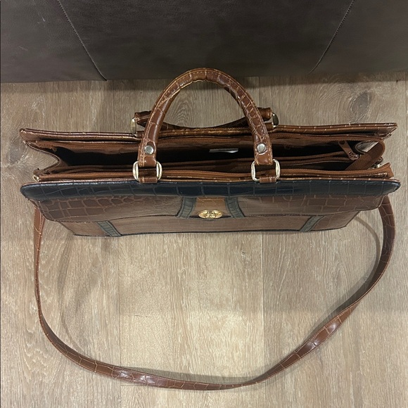 Croc-Embossed Brown and Black Leather Briefcase - Picture 2 of 3